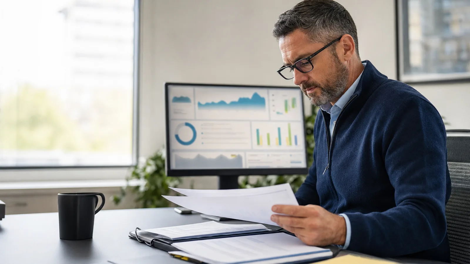Business manager reviewing electricity and natural gas contracts